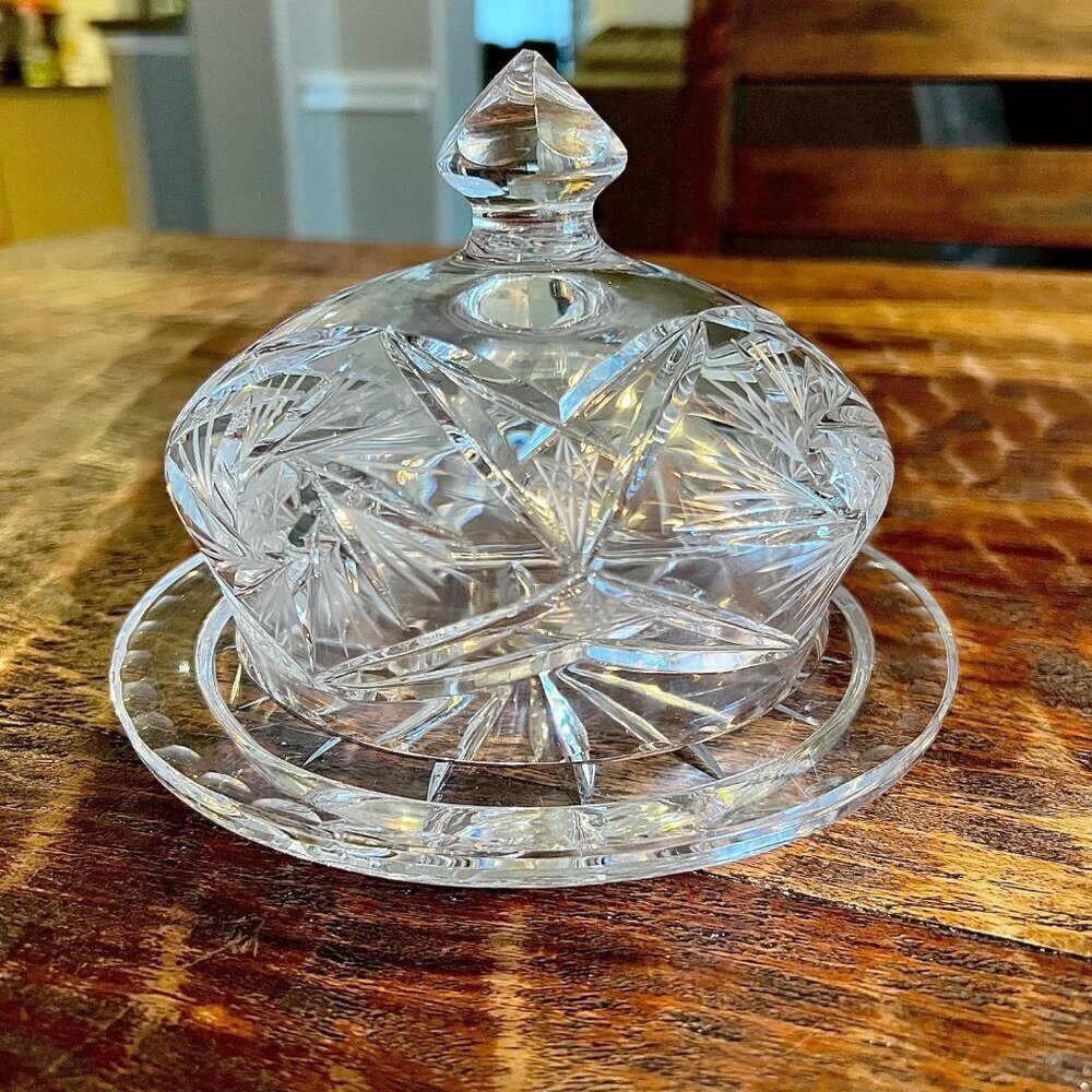 Vintage Round Cut Crystal Cloche Cheese or Butter Dish
